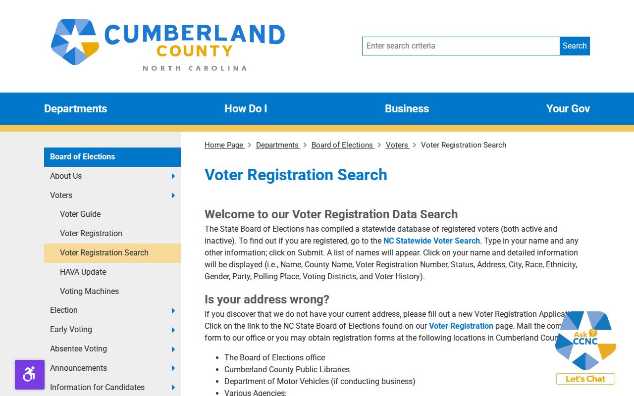 Cumberland County ZIP code directory image of voter registration search information